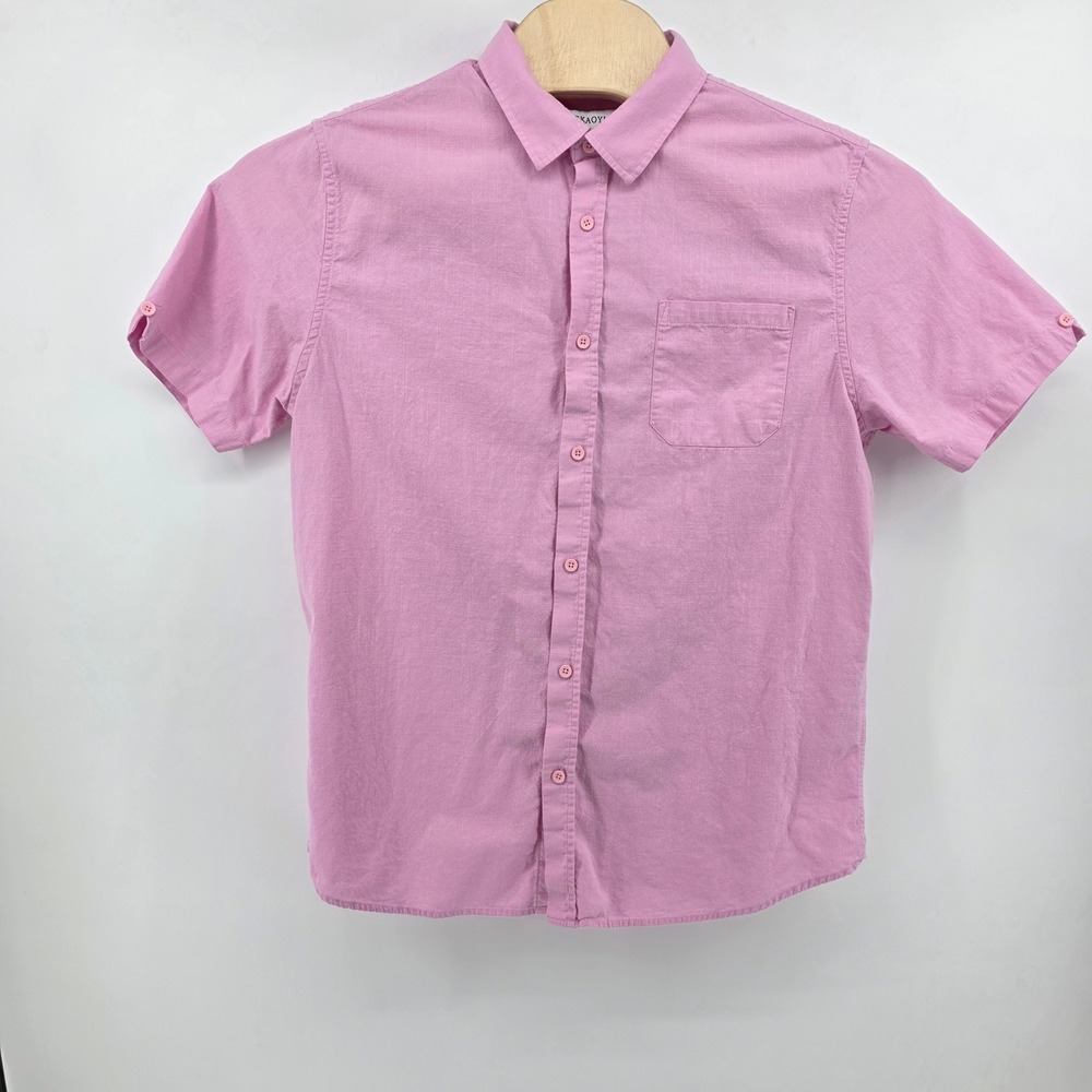 JEKAOYI Button Down Shirt Mens L Minimalist Cotton Linen Shrt Sleeve Pink Summer - Picture 2 of 9